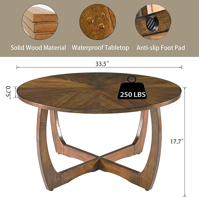 Round Coffee Table for Living Room, Soild Wood Walunt Center Coffee Tables with Cross Legs,33.5” Mid-Century Circular Cocktail Tables, Easy Assembly, Rustic Brown KFZ3223