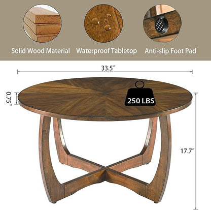 Round Coffee Table for Living Room, Soild Wood Walunt Center Coffee Tables with Cross Legs,33.5” Mid-Century Circular Cocktail Tables, Easy Assembly, Rustic Brown KFZ3223