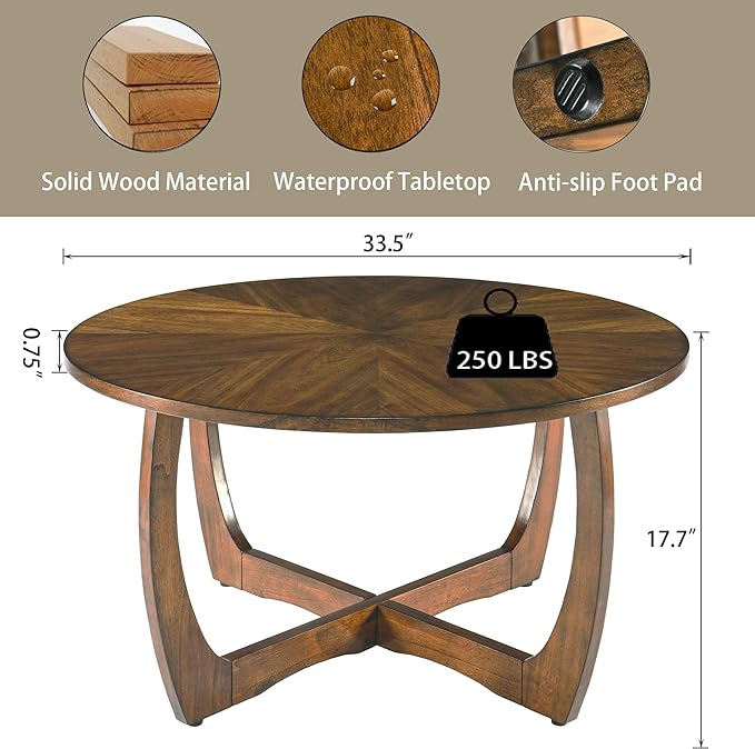Round Coffee Table for Living Room, Solid Wood Cocktail Tables With Splicing Top ,Wood Traditional Center Table-, 33.5” Mid-century Circular Tea Desk for Office, Easy Assembly, Rustic Brown KFZ3223
