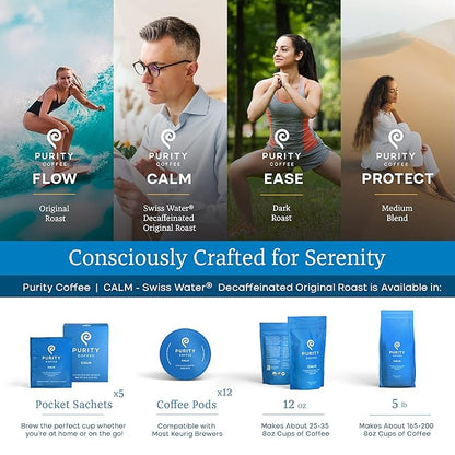 Purity Coffee CALM Decaf Medium Roast Whole Beans - USDA Certified Organic Specialty Grade Arabica Swiss Water Processed Decaffeinated - Third Party Tested for Mold, Mycotoxins, Pesticides - 5 lb Bag