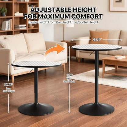 Magshion 23.5'' Round Bar Table, Adjustable Range 27.5"-36" Wood Pub Table with Black Leg and Base for Living Room Dining Room Bar Cocktail Table (Silver)
