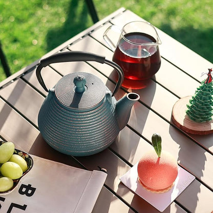 Cast Iron Teapot, 33oz Tea Kettle Stovetop Safe with Infuser for Tea & Coffee, Hand made Japanese Tea Pot Coated with Enameled Interior, Silicone Handle, 950ml Blue