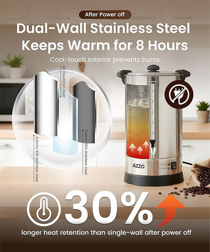 Commercial Coffee Maker 50-Cup Percolator Coffee Pot Electric Dispenser with Double Wall Stainless Steel Anti-Spill, 8L Large Fast Brew Hot Water Urn for Tea Church Events Easy Cleaning