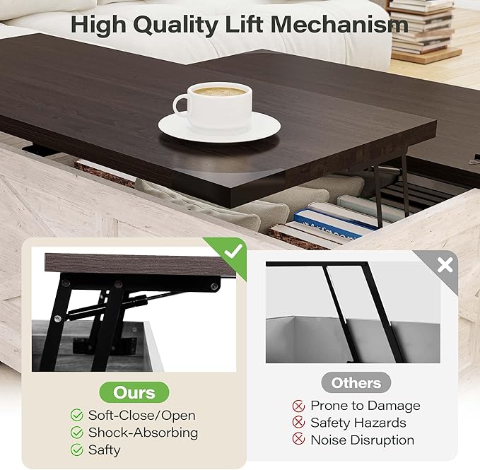 LAUSAINT HOME Farmhouse Lift-Top Coffee Table with Large Hidden Storage Compartment, Wood Square Center Table with Lifting Top for Living Room, Home Office, White