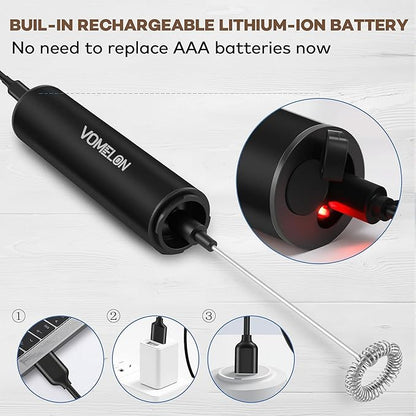 Rechargeable Milk Frother Handheld Electric Frother Wand Milk Foamer Drink Mixer for Coffee, Lattes, Cappuccino, and Egg, Stainless Steel for Travel-Black