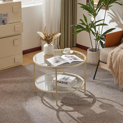 VINGLI Glass Coffee Table, 25.6" Round Coffee Table, Transparent Glass Coffee Tables for Living Room, 2-Tier Coffee Table with Storage, Modern Center Table with a Beige Frame, Mesa de Centro Para Sala