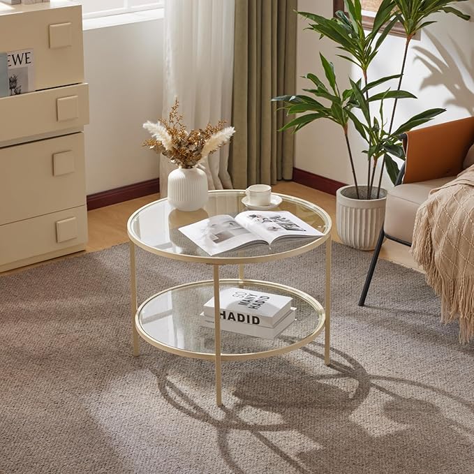 VINGLI Glass Coffee Table, 25.6" Round Coffee Table, Transparent Glass Coffee Tables for Living Room, 2-Tier Coffee Table with Storage, Modern Center Table with a Beige Frame, Mesa de Centro Para Sala