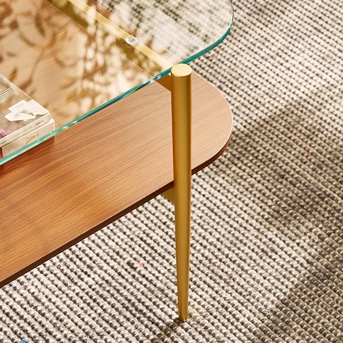 AGV LIGHTING Tadio Glass Coffee Table, Mid-Century Modern Coffee Table for Living Room, Gold Finish Leg, Clear Glass Top & Walnut Brown Shelf, Rounded Corners