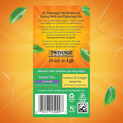 Twinings Green Tea with Lemon Individually Wrapped Bags, 20 Count (Pack of 6), Zesty Citrus Aroma & Flavour, Caffeinated, Enjoy Hot or Iced, 120 Teabags
