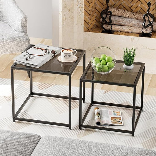 VILAWLENCE Coffee Table Set of 2, Modern Grey Patterned Glass Side Table, Metal Frame Square End Table, Center Tables Nesting Coffee Table for Living Room,Bedroom and Small Spaces