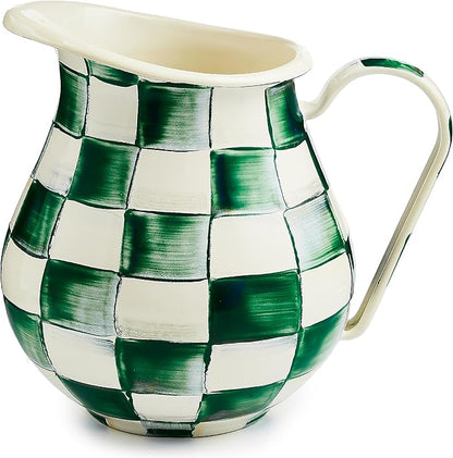MACKENZIE-CHILDS Enamel Pitcher with Spout for Water, Cut Flowers, and Home Decor, 3 Quarts, Green-and-White Emerald Check