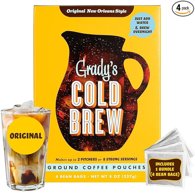 GRADY’S COLD BREW, New Orleans Style, 100% Arabica Ground Coffee & Chicory Pouches, One Box of Four Easy-to-Brew Bean Bags, Makes 12 drinks