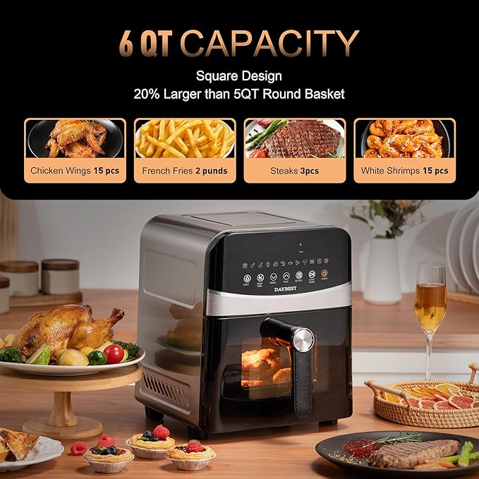 Next-Gen Non Toxic Air Fryer Stainless Steel 12-in-1 Classic Basket Premium Ceramic Coating, Metal Inner 450°F Dual Heats Even Cook, 6 QT Midsize 120V, DAYBEST Easy Clean Parts (Stainless Steel)