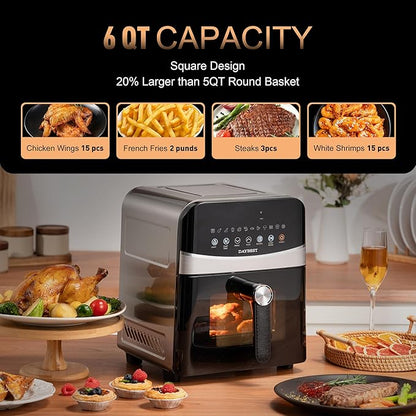 Next-Gen Non Toxic Air Fryer Stainless Steel 12-in-1 Classic Basket Premium Ceramic Coating, Metal Inner 450°F Dual Heats Even Cook, 6 QT Midsize 120V, DAYBEST Easy Clean Parts (Stainless Steel)