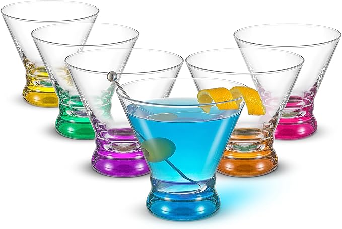 JoyJolt Hue 7.5oz Martini Glasses, Cocktail Glassware Set of 6, Colored Glass Base, Stemless Drinking Glasses for Margarita, Bar, Shrimp Cocktail, Juice