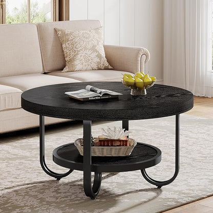 Tribesigns Round Coffee Table, 31.5" Modern Wood Circle Center Table with Storage Shelf and Metal Frame, 2-Tier Industrial Accent Cocktail Table for Living Room, Small Space, Apartment, Black