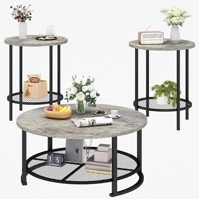 DKLGG Living Room Coffee and End Table Sets, Wooden Modern Rustic Center Table with Two Side Tables, 3 Piece Living Room Coffee Table Set with Storage for Living Room, Apartment (Grey)