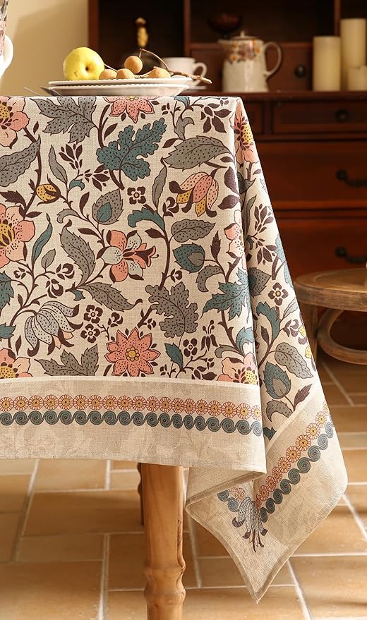 Designer Boho Floral Long Rectangle Tablecloth,Linen Lotus Flower Pattern Colorful Indoor Table Cloth,Durable Decor Tablecloths for Dining Thanksgiving Kitchen Christmas,63"*102"-Hazel A