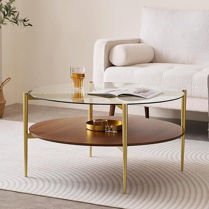 Extra Large Round Coffee Table, Mid-Century Modern Design, D34 x H17 in, for Living Room, 2-Tier Structure, Clear Glass Top and Walnut MDF Shelf, Sleek Conical Metal Legs with Gold Finish