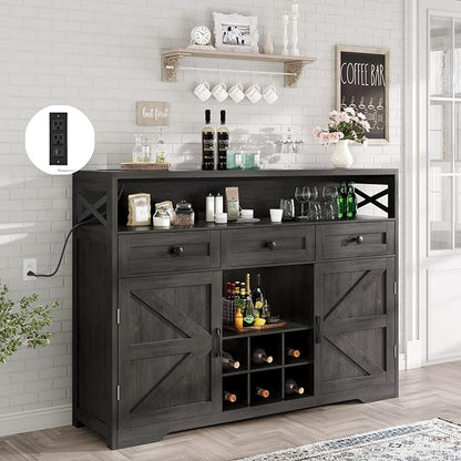 51" Sideboard Buffet Cabinet with Storage, Large Coffee Bar Cabinet with Drawers, Doors and Charging Station, Farmhouse Kitchen Sideboard Table for Kitchen, Dining Room, Living Room, Dark Grey