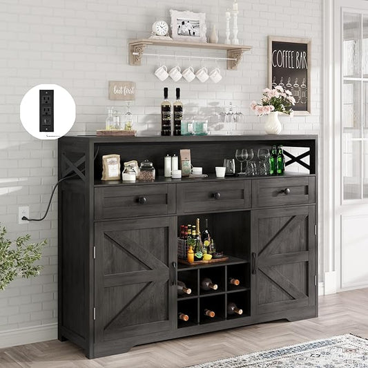 51" Sideboard Buffet Cabinet with Storage, Large Coffee Bar Cabinet with Drawers, Doors and Charging Station, Farmhouse Kitchen Sideboard Table for Kitchen, Dining Room, Living Room, Dark Grey