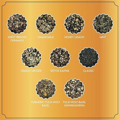 Tea Leaf & Co. Harmony Pure Delight 9 Pack Premium Tea Gift Combo Box (Classic, Tulsi Ashwagandha, Lemon Ginger, Mint, Detox Kahwa, Turmeric Tulsi, Honey Lemon, Sweet Hibiscus & Green Chamomile) - 8Oz