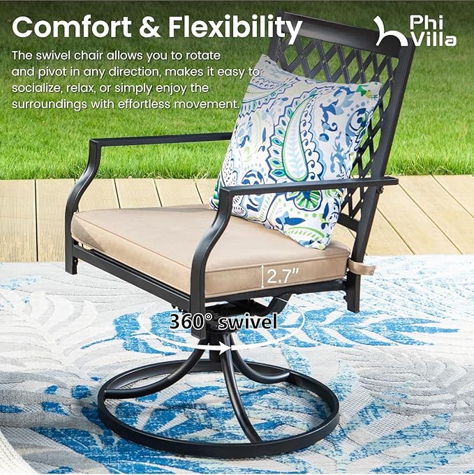 PHI VILLA Outdoor Metal Swivel Chairs Set of 2 Patio Dining Chair with Cushion Furniture Set for Garden Backyard Bistro, Small Grid, Black
