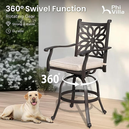 PHI VILLA Outdoor Swivel Bar Stools Set of 2, Cast Aluminum High Top Pub Height Patio Bar Chairs with Seat Cushion