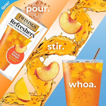 NEW Twinings Peach Mango Refreshers, Herbal Tea Instant Beverage with Real Peach Fruit Bits, 5 Count (Pack of 1), Café Style, No Artificial Sweeteners, Naturally Caffeine-Free Refreshment, 5 Packets