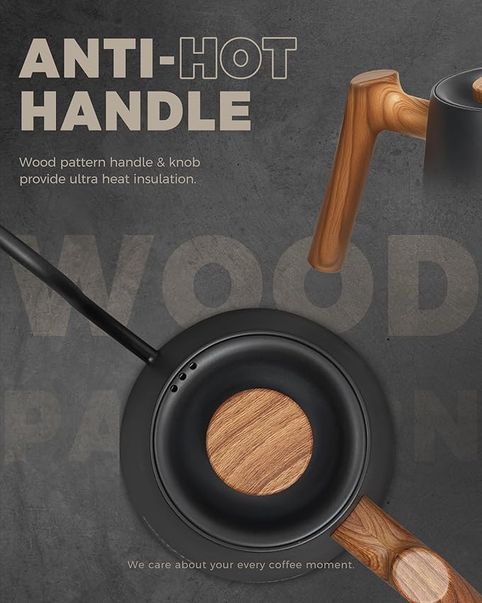 POLIVIAR Electric Gooseneck Kettle, 1350W Electric Tea Kettle Wood Pattern Handle, 34oz Pour Over Electric Kettle for Coffee & Tea, 18/8 Stainless Steel Inner, Temperature Control & Rapid Heating