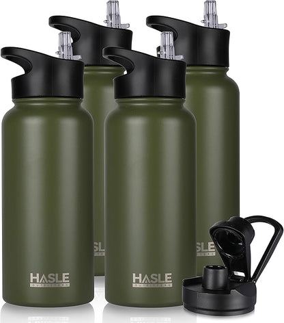 HASLE OUTFITTERS 32 oz Insulated Water Bottle Stainless Steel Double Walled Vacuum Sports Water Bottle with 2 Lids (Straw and Spout Lid) for Gym Camping Hiking(Army Green,4)