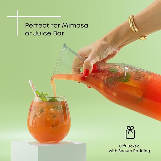 JoyJolt Glass Carafe with Lid, Set of 4 – 1 Liter Glass Pitcher for Mimosa Bar, Water, Iced Tea, Juice, Wine, Lemonade, Milk – Dishwasher Safe Beverage Drink Dispensers for Brunch, Parties