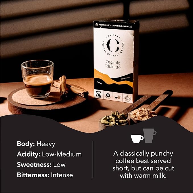 Cru Kafe Ristretto USDA Organic Espresso Coffee Capsules (50 Pods) Fairtrade Coffee Pods Compatible with Nespresso Original Line and Pixie Machines
