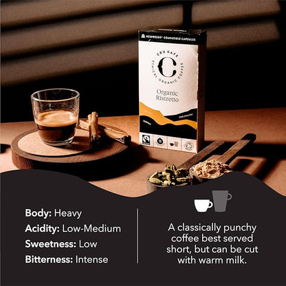 Cru Kafe Ristretto USDA Organic Espresso Coffee Capsules (10 Pods) Fairtrade Coffee Pods Compatible with Nespresso Original Line and Pixie Machines