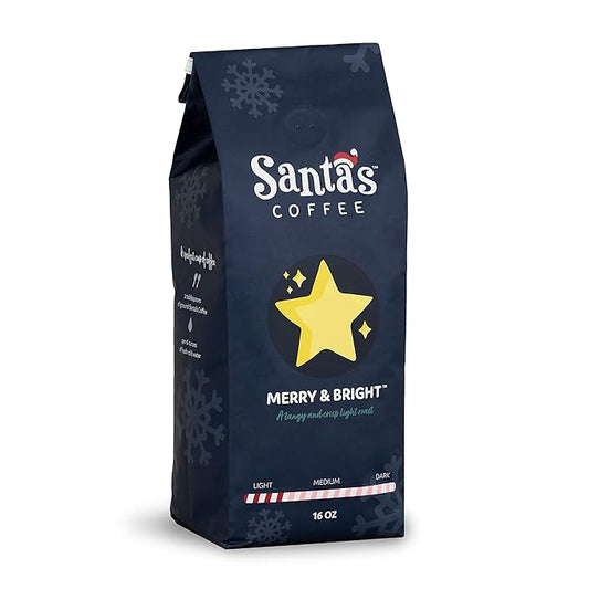 Santa's Coffee Merry and Bright Blend, Light Roast - Whole Bean, 16oz Bag, Holiday Seasonal Blend – Christmas Gift for Coffee Lovers