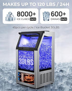 Load image into Gallery viewer, Commercial Ice Maker Machine 120LBS/Day, Undercounter Ice Makers30LBS Storage Bin and 45 Ice Trays, Icemaker Machine Double Water Inlet with Water Line, Ice Scoop