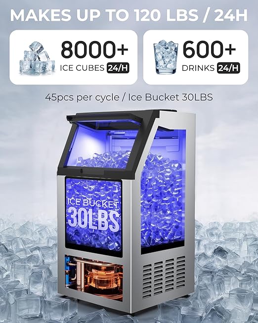 Commercial Ice Maker Machine 120LBS/Day, Undercounter Ice Makers30LBS Storage Bin and 45 Ice Trays, Icemaker Machine Double Water Inlet with Water Line, Ice Scoop