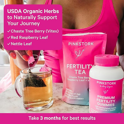 Pink Stork Fertility Tea for Conception and Hormone Balance with Organic Mint, Vitex, and Red Raspberry Leaf, Caffeine Free - Mint, 15 Sachets, Hot or Iced