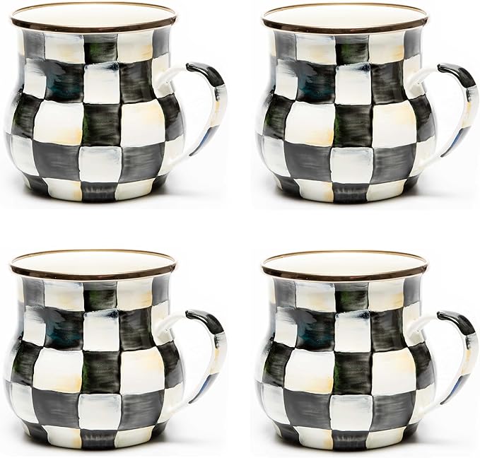 MACKENZIE-CHILDS Enamel Mug, Cute Enamelware Coffee and Tea Mug, Unique Drinkware, 16 Ounces, Black-and-White Courtly Check, Set of 4