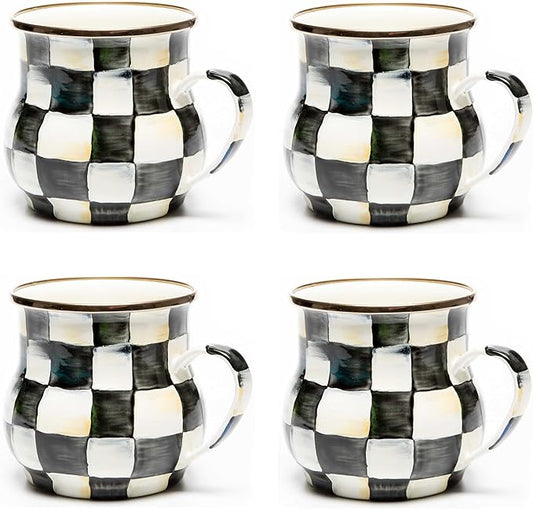 MACKENZIE-CHILDS Enamel Mug, Cute Enamelware Coffee and Tea Mug, Unique Drinkware, 16 Ounces, Black-and-White Courtly Check, Set of 4