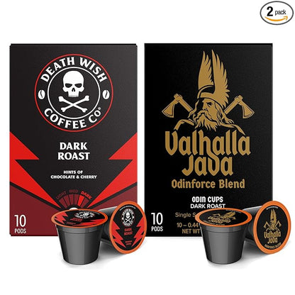 Death Wish Coffee, Strong Coffee Pods Extra Kick of Caffeine & Valhalla Java Odinforce Blend Single-Serve Coffee Pods - Made with USDA Certified Organic - Fair Trade - Arabica & Robusta Beans (20 Count)