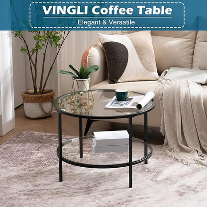 VINGLI 25.6" Round Black Coffee Tables for Living Room, 2-Tier Glass Top Coffee Table with Storage Clear Coffee, Simple & Modern Center Table for Small Space