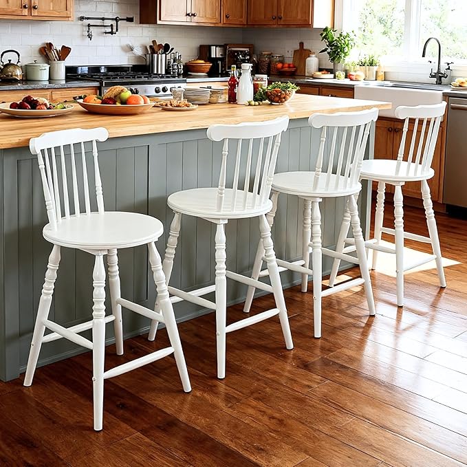 chairus 24" White Windsor Counter Height Bar Stools Set of 4, Farmhouse Wooden Counter Stools with Spindle Back & Turned Legs, Rustic Vintage Colonial Bar Chairs for Kitchen Island