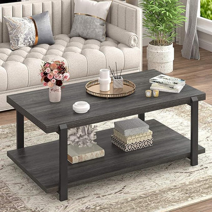FOLUBAN Modern Coffee Table, Rustic Wood Center Table with Storage for Living Room, Dark Gray