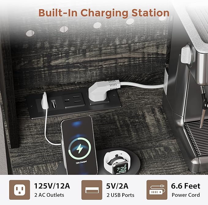 72" Coffee Bar Cabinet with Power Outlet & LED Light, Farmhouse Large Kitchen Hutch with Sliding Barn Door, Tall Bar Cabinets with Storage Drawers & Wine Glass Rack,Pantry China Cabinet,Black Oak