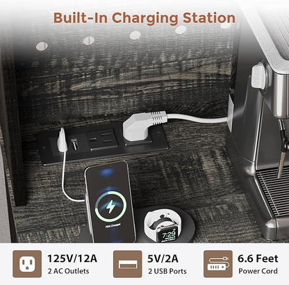 72" Coffee Bar Cabinet with Power Outlet & LED Light, Farmhouse Large Kitchen Hutch with Sliding Barn Door, Tall Bar Cabinets with Storage Drawers & Wine Glass Rack,Pantry China Cabinet,Black Oak