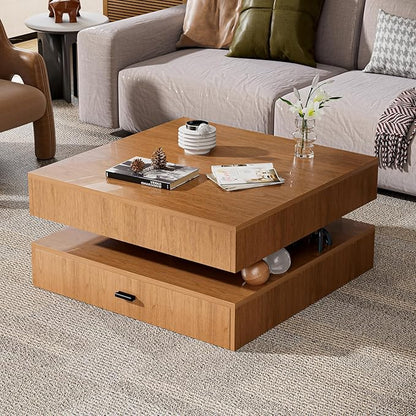 LED Coffee Table for Living Room, 2-Tier Living Room Table Square Center Table, Modern Coffee Tables with Storage, Middle Wooden Tea Tables for Home Office (Walnut)