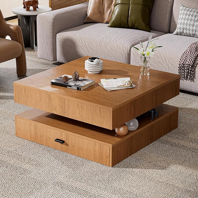 LED Coffee Table for Living Room, 2-Tier Living Room Table Square Center Table, Modern Coffee Tables with Storage, Middle Wooden Tea Tables for Home Office (Walnut)