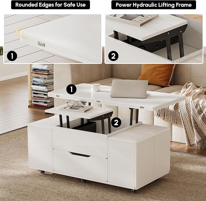 homary White Lift Top Coffee Table with Hidden Storage, 3 in 1 Multi-Function Modern Folding Center Table with 4 Stools and Casters