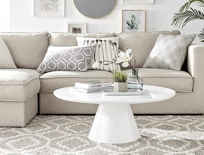 Coffee Table - Palma Round Coffee Table - Contemporary Minimalist Round Coffee Table with Tapered Central Pillar - White High-Gloss Finish - Living Room Furniture